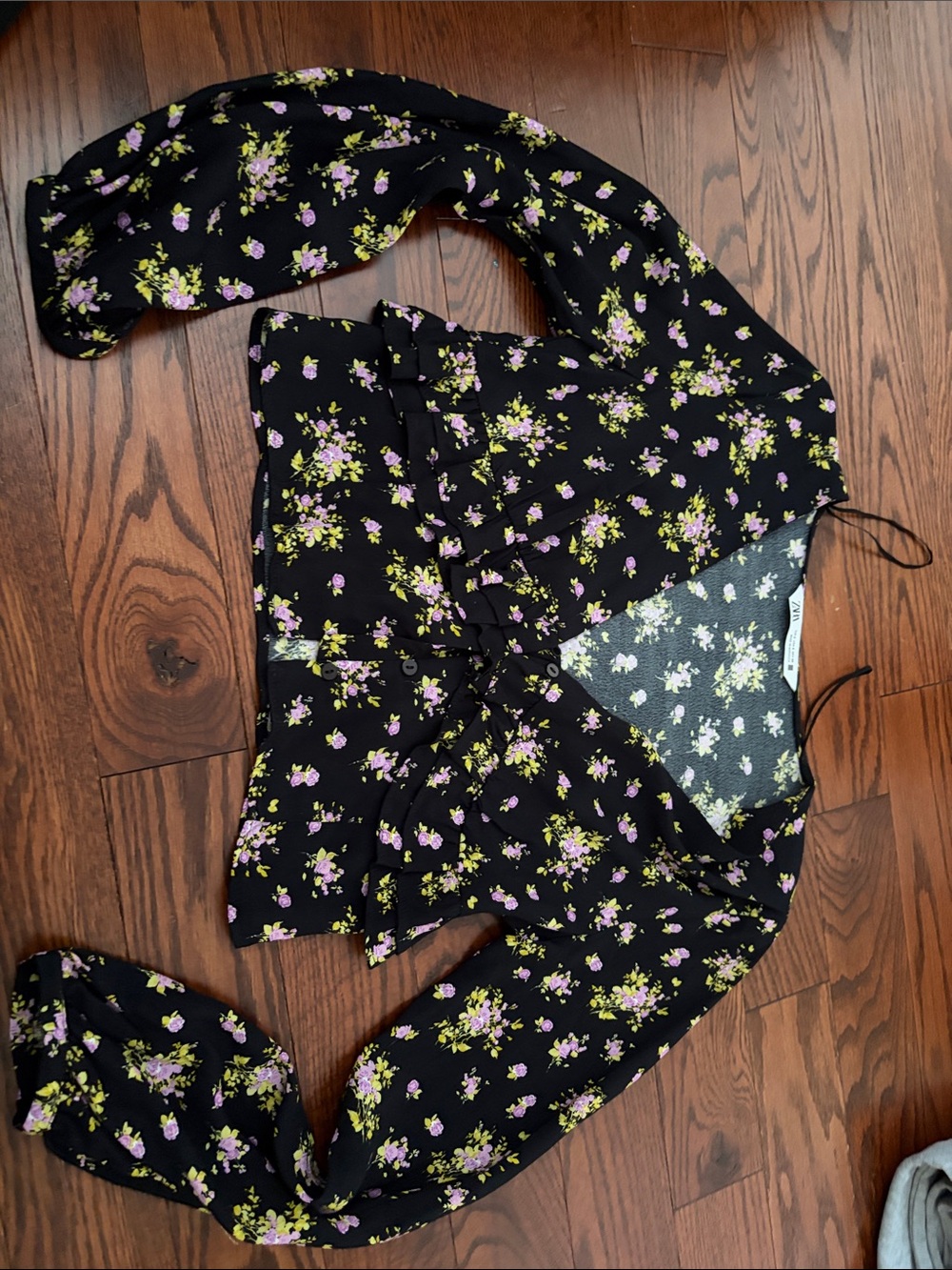 Floral Wrap Blouse - Black with Purple & Green Floral
